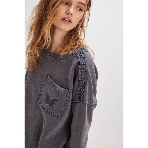 Free People Golden Hour Sweatshirt Top Eyelet Embroidered Oversized XS 280793 - Picture 2 of 8